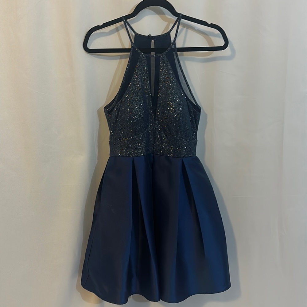 Teeze Me Navy Glitter Satin Flare Dress Size 7